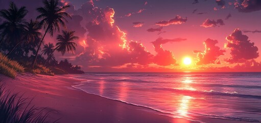 Crimson Sunset Paradise: Tropical Beach at Dusk
