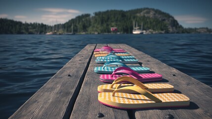Summer Flip-Flops on Dock: An inviting perspective captures a row of colorful flip-flops, inviting the viewer to step into a realm of relaxation and aquatic fun on a wooden dock.