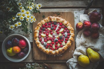 Fresh fruit pie on a rustic wooden board, surrounded by seasonal fruits and wildflowers A delicate pastry crust filled with raspberries, blackberries, pears, and plums, dusted with powdered sugar