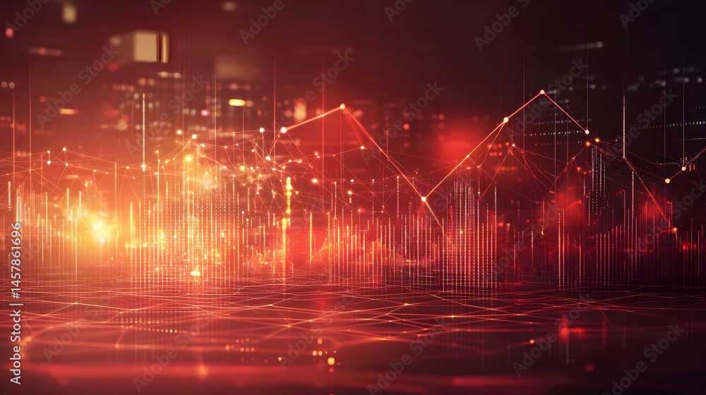 Poster dynamic cityscape illustration with glowing red data streams.