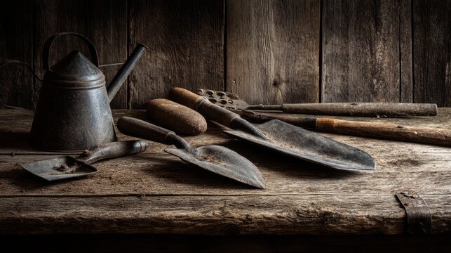 Vintage gardening tools on a wooden table, a timeless tribute to rustic simplicity and the art of cultivation.
