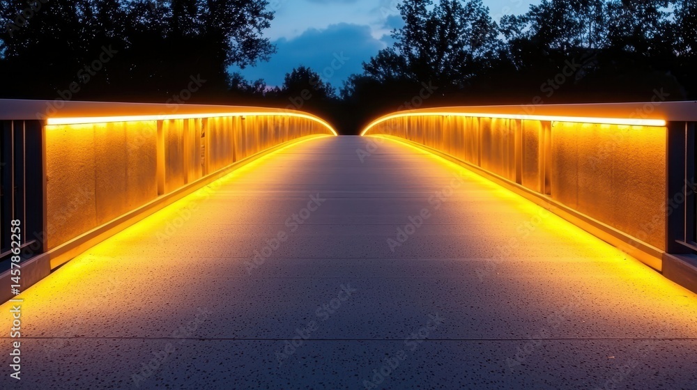 Poster illuminated bridge at dusk with warm glow creating serene atmosphere