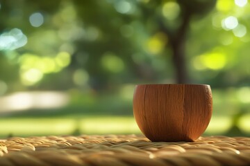 Wooden bowl sits on woven surface outdoors.