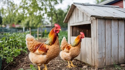 Chickens Near Wooden Coop in Garden Setting with Vegetation Background