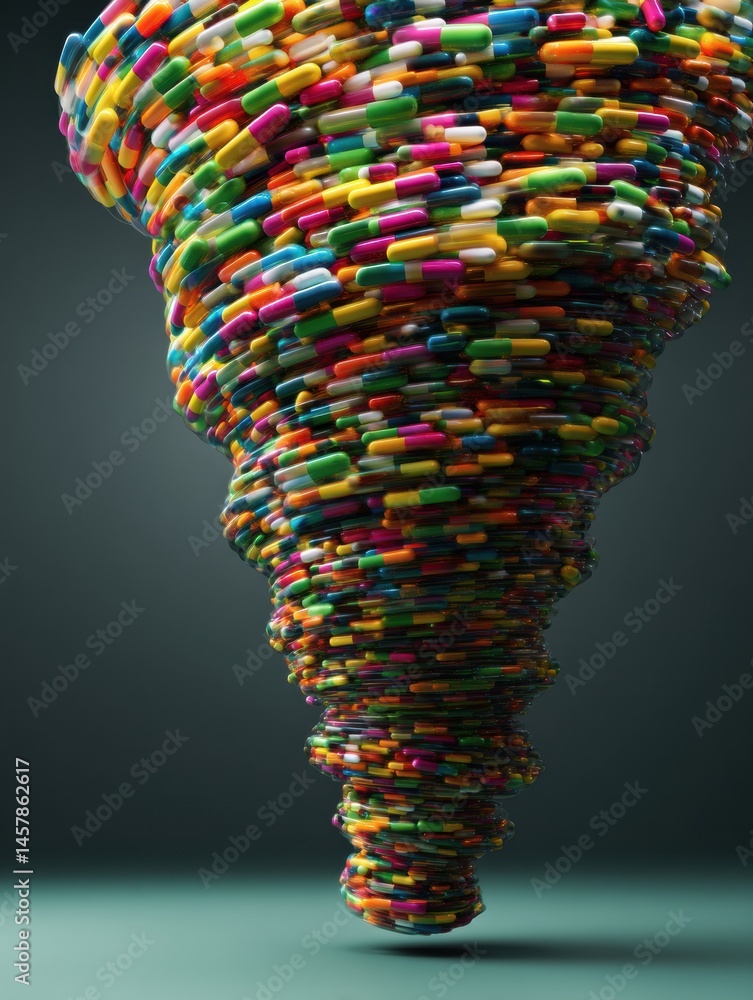 Poster Vivid Colorful Capsules Swirling in a Dynamic Tornado Shape Against a Plain Background Generative AI