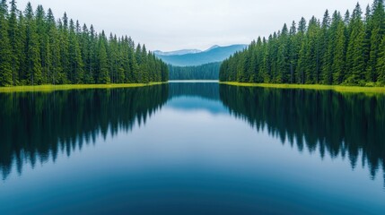 Fototapeta premium Tranquil Reflection of Pine Trees on Calm Lake Surrounded by Mountains