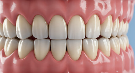 Detailed Artificial Teeth with Pink Gums on Light Blue Background Showing Healthy Teeth