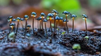 Small mushrooms with water droplets on forest floor