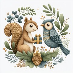 Autumnal Squirrel and Bluebird Gift Exchange Illustration
