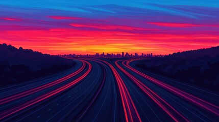 Naklejka premium Vibrant Sunset Over Urban Highway with Flowing Light Trails