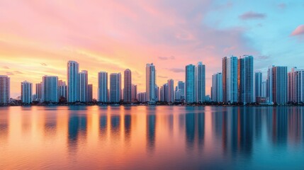 Fototapeta premium Stunning Sunset Over Urban Skyline Reflecting on Calm Water Surface