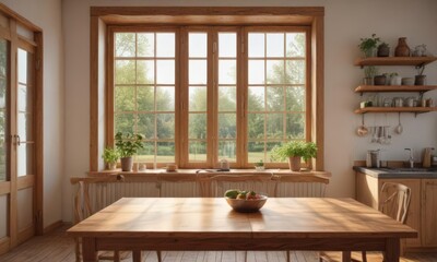 Warm wood kitchen table against bright window,  grain,  visual,  simple