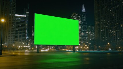Blank billboard in city at night green screen mockup