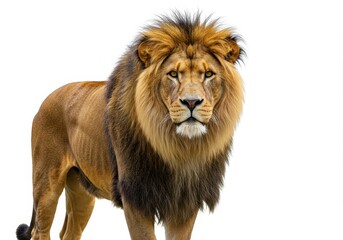 Fototapeta premium Majestic lion standing isolated on white background looking directly at viewer