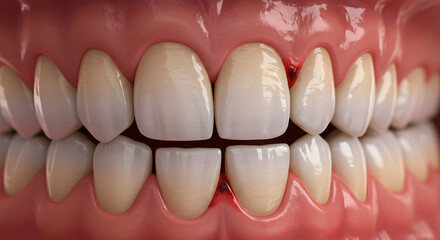 Detailed Close Up of Human Teeth and Gums Showcasing Signs of Bleeding and Infection High Detail Rendering on Pink Fleshy Background