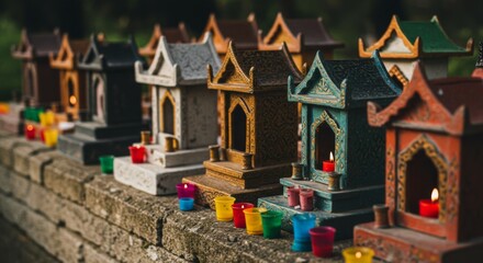 Obraz premium Colorful Miniature Shrines with Candles at Night