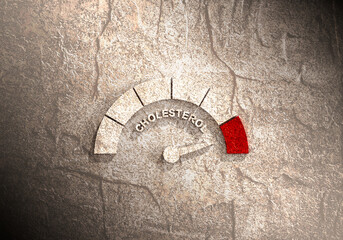 Cholesterol meter read high level result. The measuring device icon. Colorful infographic gauge element.