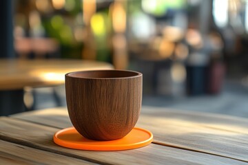 Wooden cup resting on orange coaster on wooden table.
