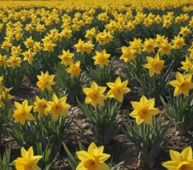 Fototapeta premium Sunlit field of vibrant yellow daffodils in full bloom , spring flowers, sunny