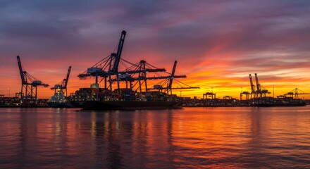 Obraz premium Container Ship at Sunset Harbor