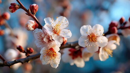 Blossoming apricot tree branches under blue sky with sunlight concept. Delicate cherry blossoms in bloom, showcasing nature's beauty.