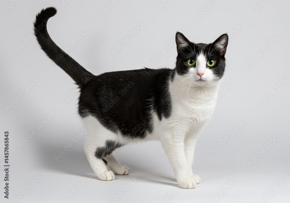 Poster alert tuxedo cat standing on a white background looking at the camera