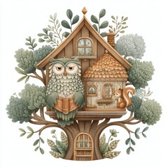 Fototapeta premium Whimsical Owl and Squirrel in Treetop House Illustration