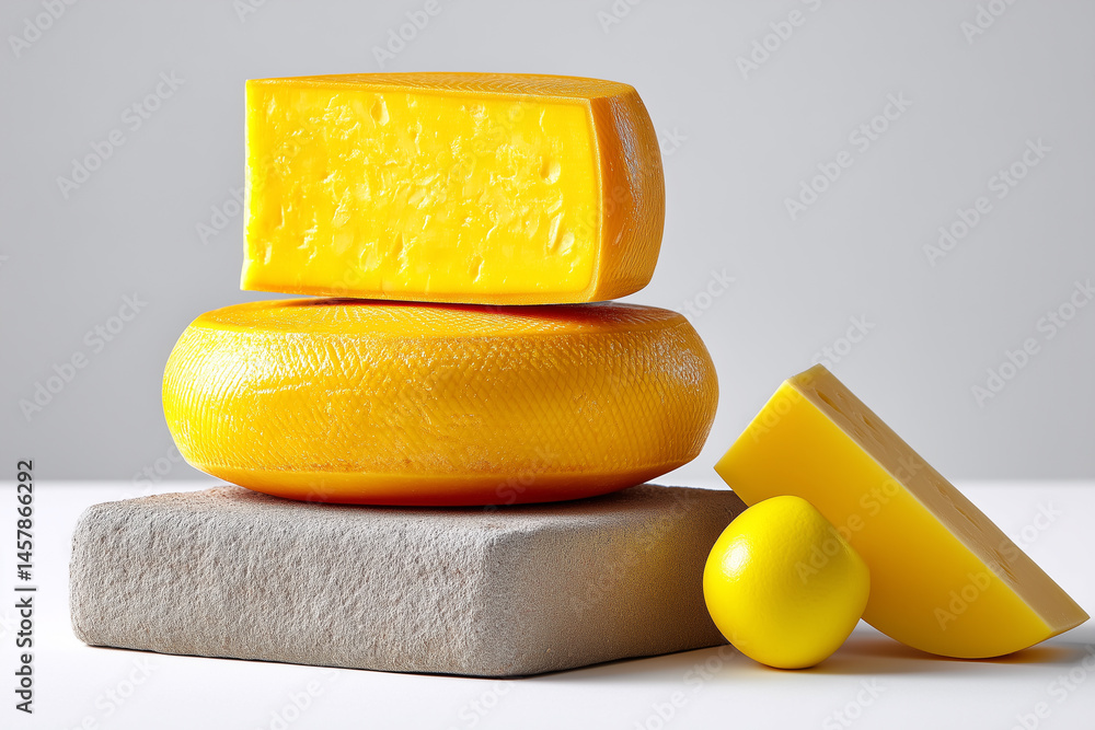 Poster textured gouda rind block sliced and arranged aesthetically on a light studio surface. featuring cle