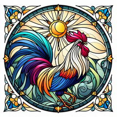 Colorful rooster design in a decorative stained glass style frame.