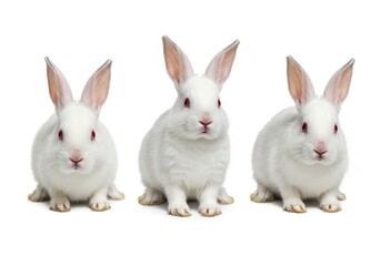 Obraz premium Three white rabbits sitting side by side with red eyes on a white background