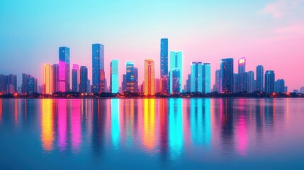 Vibrant City Skyline at Dusk with Colorful Reflections on Water