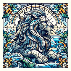 Detailed stained glass lion design resting on water.
