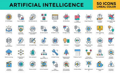 Artificial Intelligence icons set with ai technologies, text to image ai, text generation ai, image synthesis, prompt, art generation, image enhancement icon. Simple lineal color vector 
