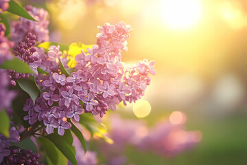 Lilac flowers in bloom with sunlight streaming through the background foliage.