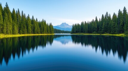 Obraz premium Serene Mountain Reflection in Calm Lake Surrounded by Pine Trees