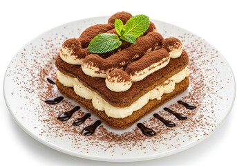 Tiramisu dessert with cocoa powder and mint leaf on a white plate