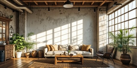 Farmhouse Industrial Room Mockup with Blank Wall and Plants
