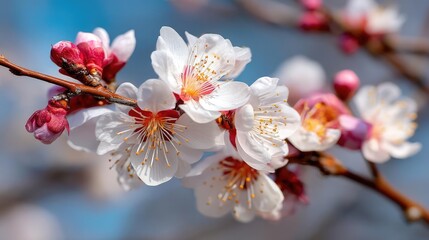 Blossoming apricot tree branches in sunlight with blurred sky concept. Beautiful cherry blossoms in full bloom on a sunny day.