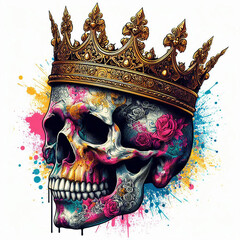 Colorful skull adorned with a golden crown and floral design.