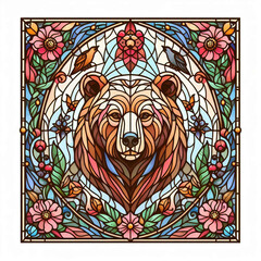 Colorful stained glass design depicting a bear's head.