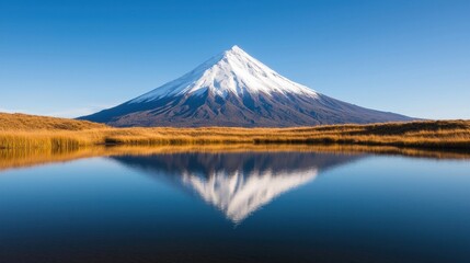 Fototapeta premium Snow-Capped Mountain with Reflection in Calm Lake Under Blue Sky