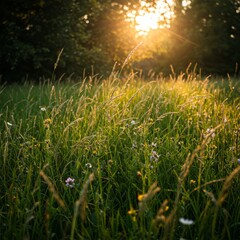 Obraz premium Sunset Sunlight Through Tall Grass Field
