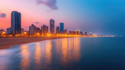 Obraz premium Vibrant City Skyline at Dusk with Reflections on Calm Water