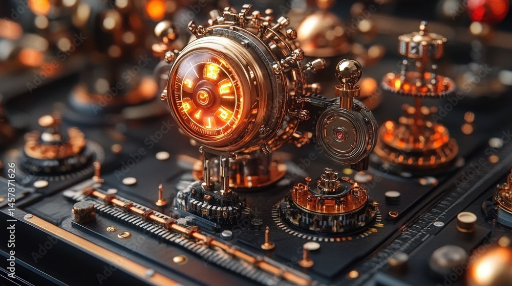 Poster complex steampunk clockwork mechanism with gears, cogs, and glowing elements against dark backdrop.