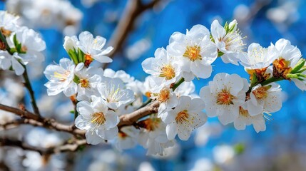 Obraz premium Blossoming apricot tree branches under blue sky with sunlight concept. Beautiful white cherry blossom flowers against a blue sky.