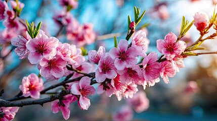 Obraz premium Blossoming apricot tree branches under blue sky with sunlight concept. A close-up of beautiful pink cherry blossoms in bright sunlight.
