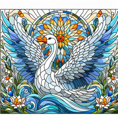 Detailed stained glass design of a swan in flowing water.