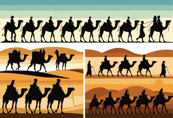 Camel Caravan Desert Silhouette Vector Illustration