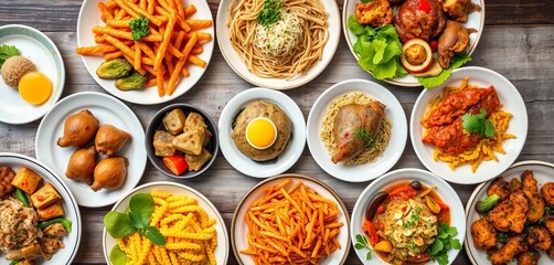 Overhead shot of diverse culinary dishes arranged on plates, vector illustration, illustration, recipe