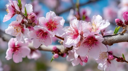 Fototapeta premium Blossoming apricot tree branches under blue sky with sunlight concept. Beautiful pink cherry blossoms blooming in spring sunshine.